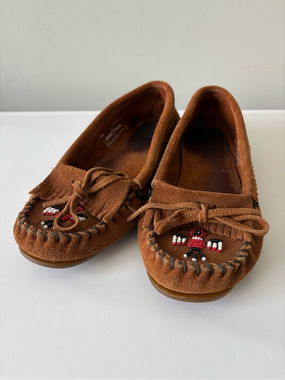 Minnetonka Thunderbird II Moccasins Brown Suede Beaded Leather Loafers Size 7 - Picture 13 of 13